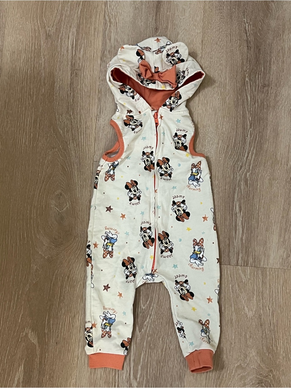 Disney Cream Hooded One-Piece with Coral Trim and Character Print